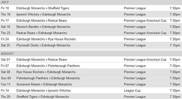 July and August Fixtures courtesy of http://www.edinburghmonarchs.co/fixtures/ (does not include 4TT at Peterborough on 2nd August)